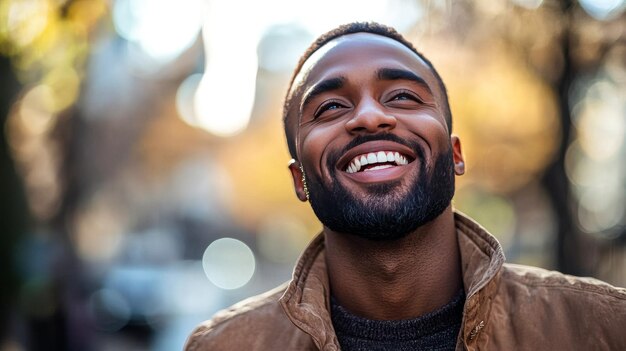 Smiling man outdoors looking upward.